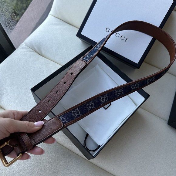 NEW GUCCI BELT 678694 GG LOGO DENIM CANVAS BROWN LEATHER BUCKLE 80 cm 32 In - Picture 8 of 8